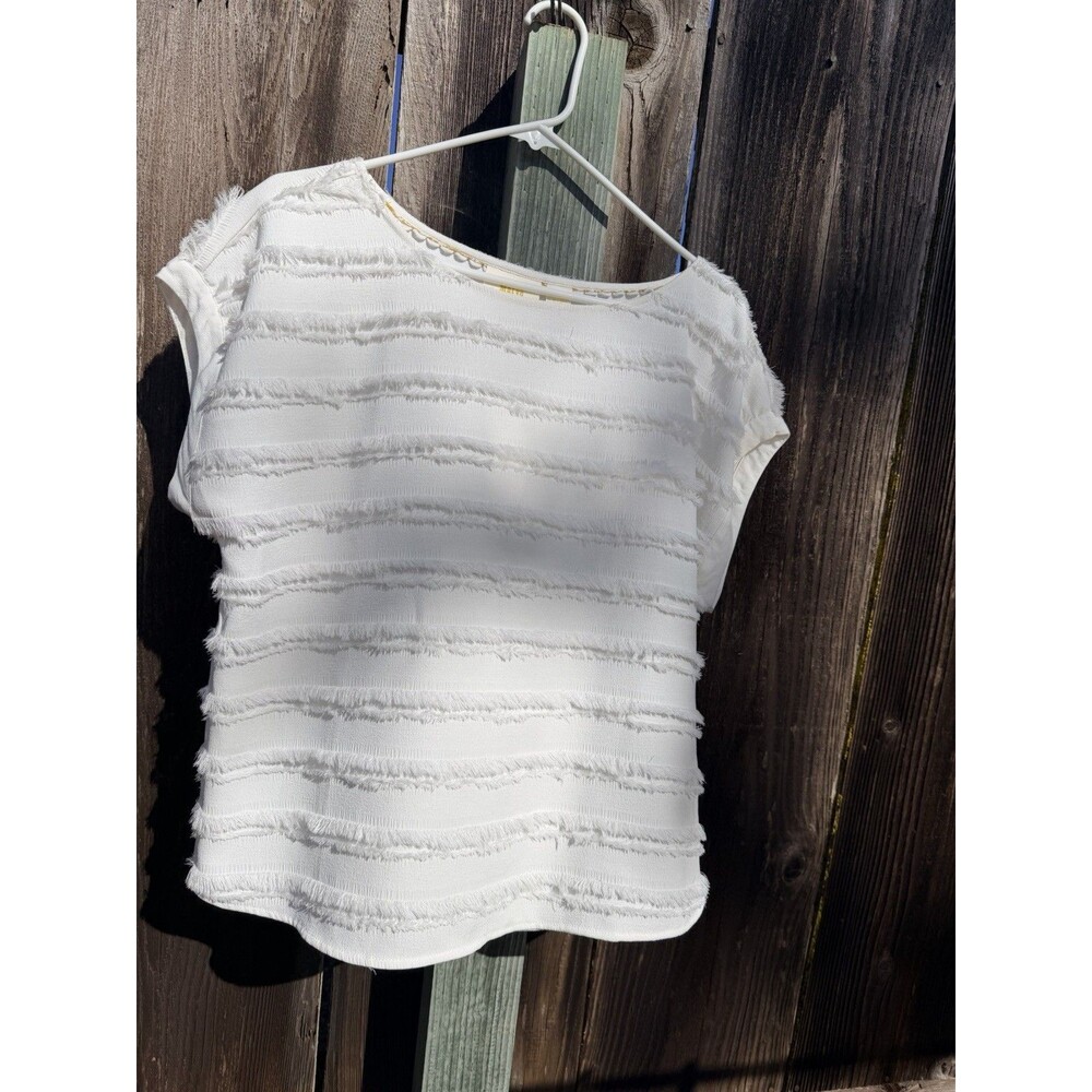 Anthropologie Maeve Barton Striped Ivory Fringe Top Short Sleeve Size 10